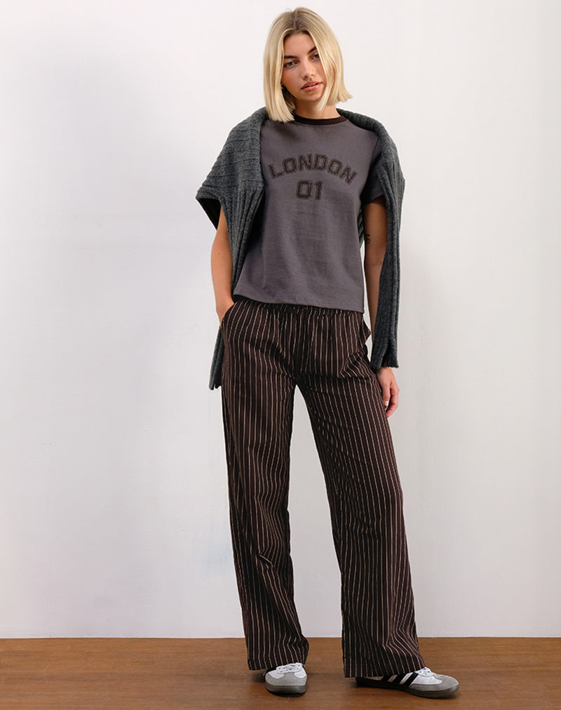 Sakha Boxy Tee in Dark Grey with London Print and Brown Binding