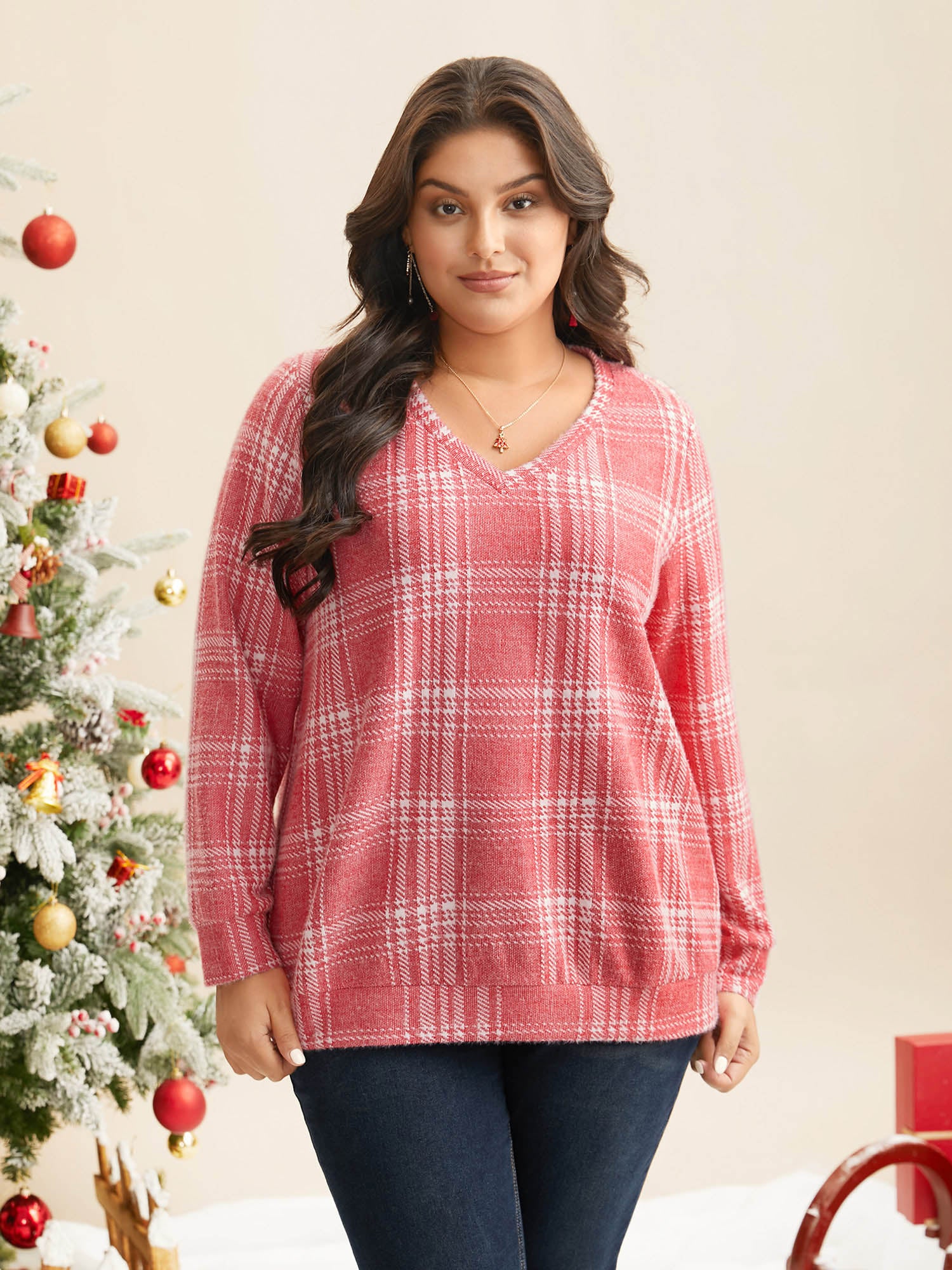 Brushed Plaid V-neck Sweatshirt