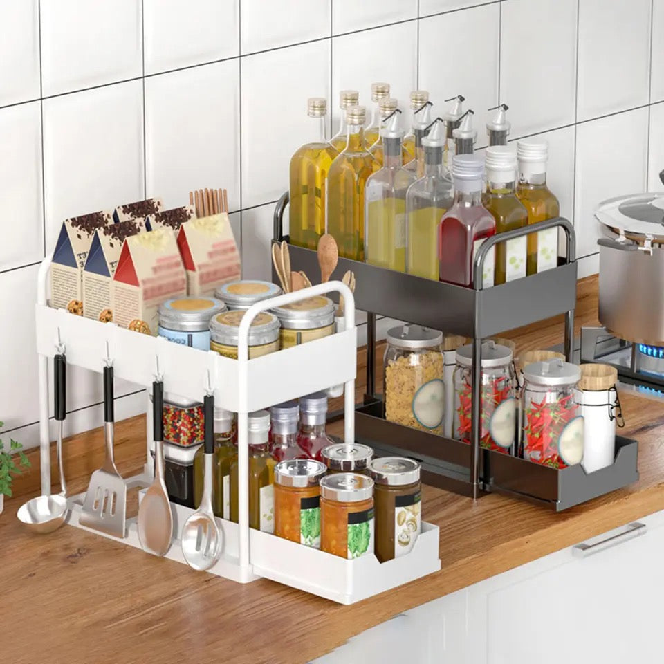Double Layer Kitchen Storage Rack With Sliding Seasoning Shelf