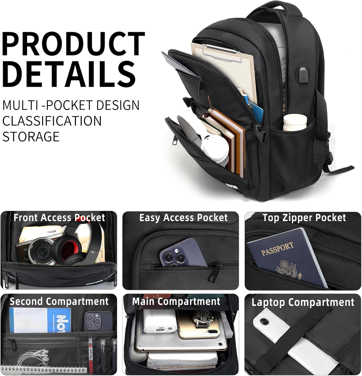 Black backpack for school, School Backpack for boys teens, Backpacks for men, College high middle school bookbag Fits15.6 Inch Laptop with USB Charging Port, Boys backpack, Book bag