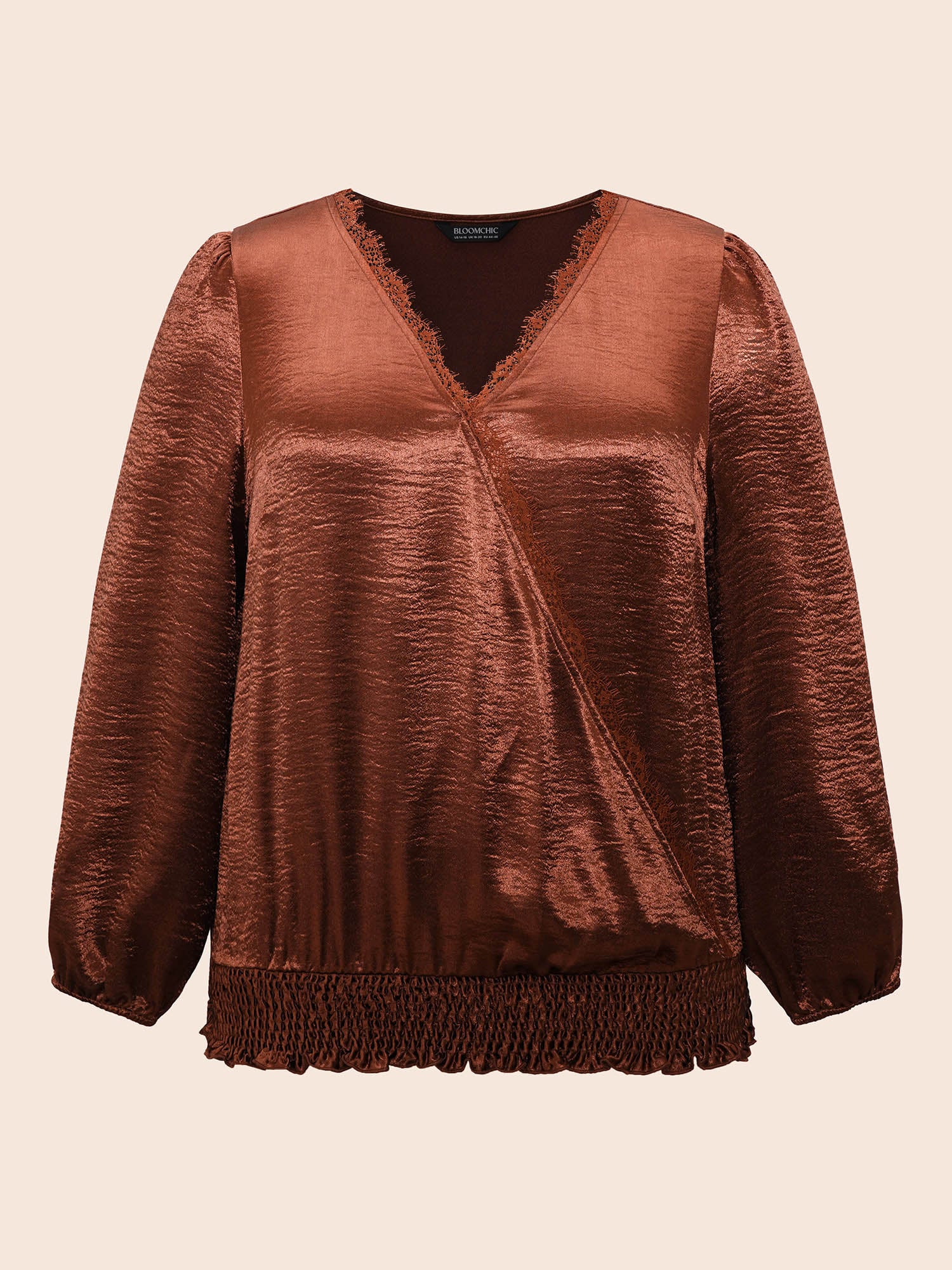 Overlap Collar Shirred Lace Trim Blouse