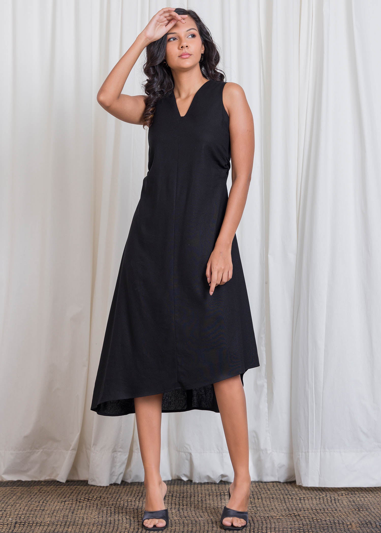 Uneven Hem Midi Dress With Side Ruched Detail