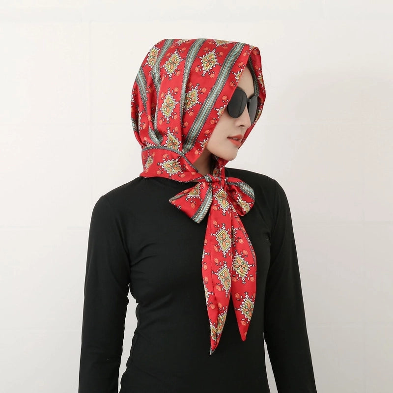 Women's Elegant Retro Flower Satin Printing Silk Scarf