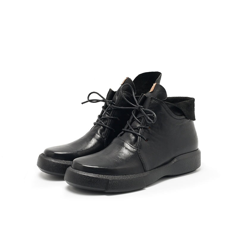 Cowhide Leather Lace-Up Lightweight Short Fold Over Collar Boots Caramel Red/Brown/Black