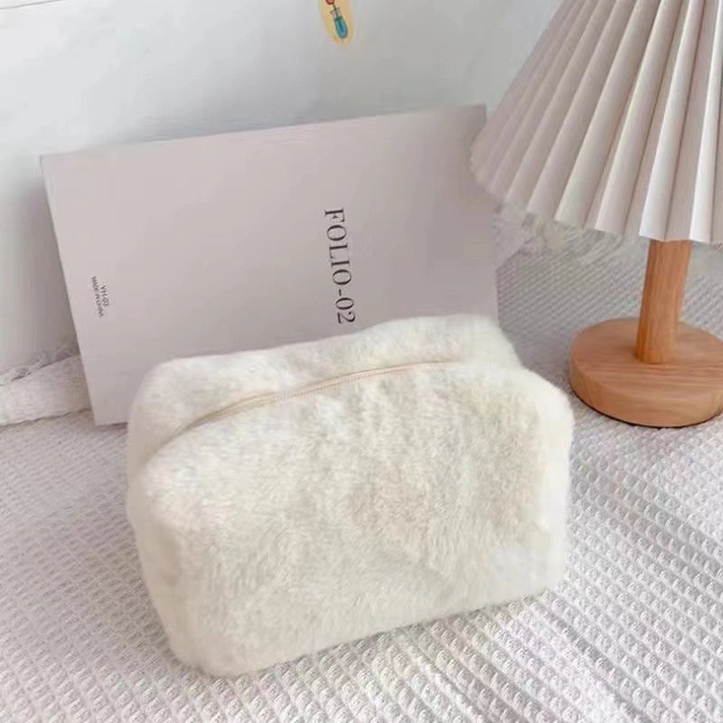 Plush Cosmetic Bag Macaron Color Sweet Large Capacity Storage Bag High Color Value Bag