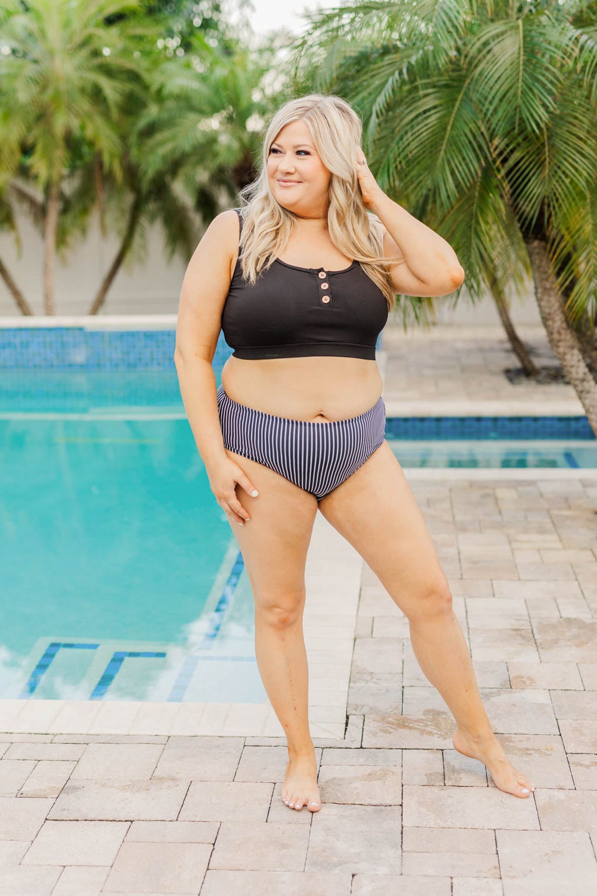 Bask In The Sun Mid-Rise Swim Bottoms- Black Stripe