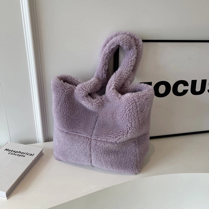 Women's Large Plush Solid Color Streetwear Bucket Magnetic Buckle Tote Bag