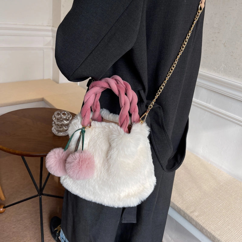 Women's All Seasons Plush Solid Color Elegant Bucket Magnetic Buckle Shoulder Bag Handbag Bucket Bag