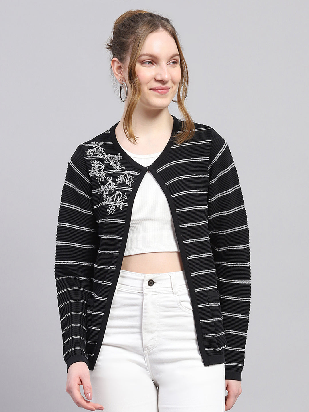 Women Black Stripe Round Neck Full Sleeve Cardigan