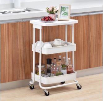 Kitchen Storage Metal Trolley - 3 Tier Metal Table Top Serving Rolling Cart - Mobile Rack Organizer with Locking Wheels - Standing Shelf Laptop Desk for Kitchen Home Office