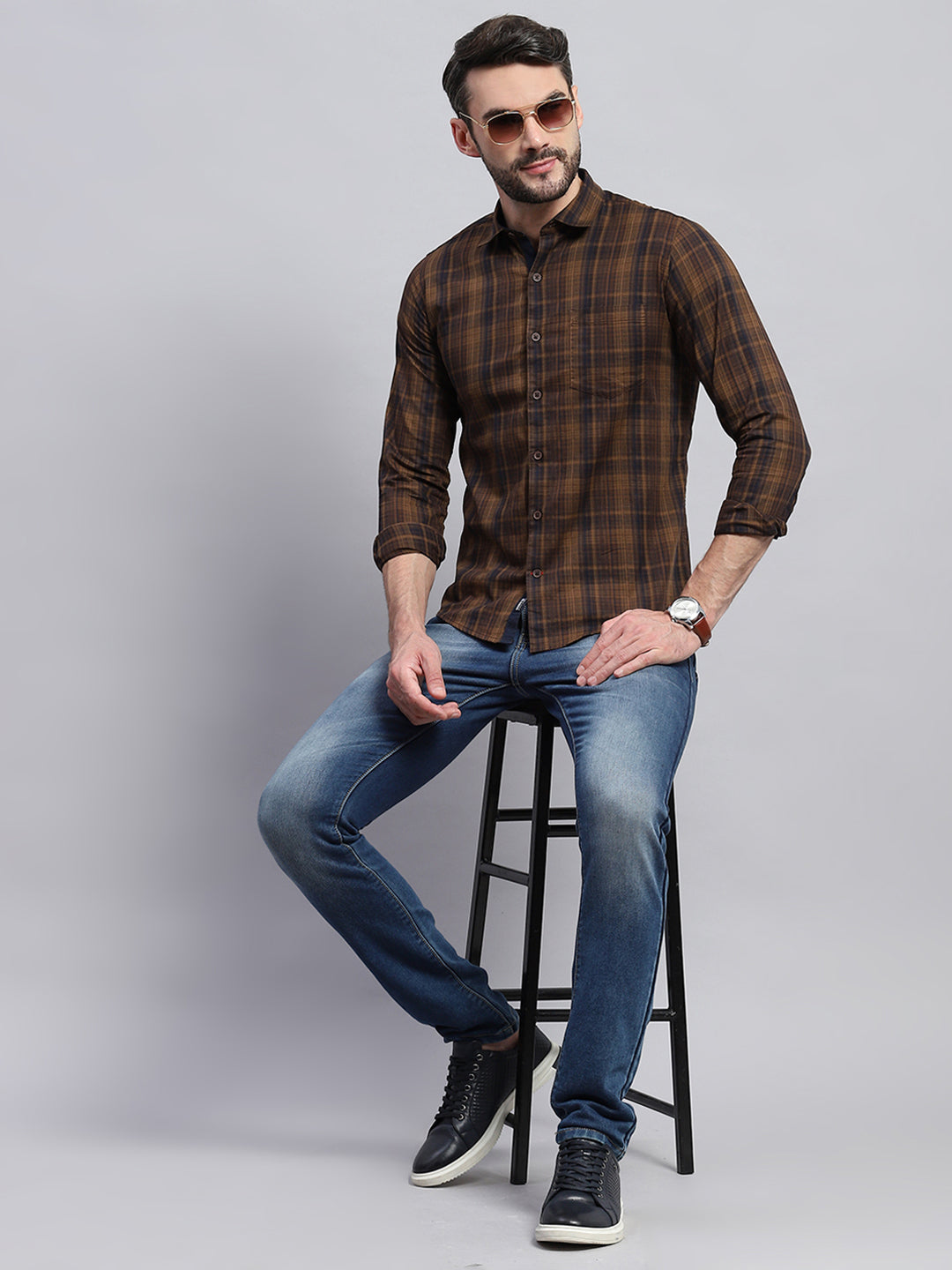 Men Brown Check Collar Full Sleeve Shirt