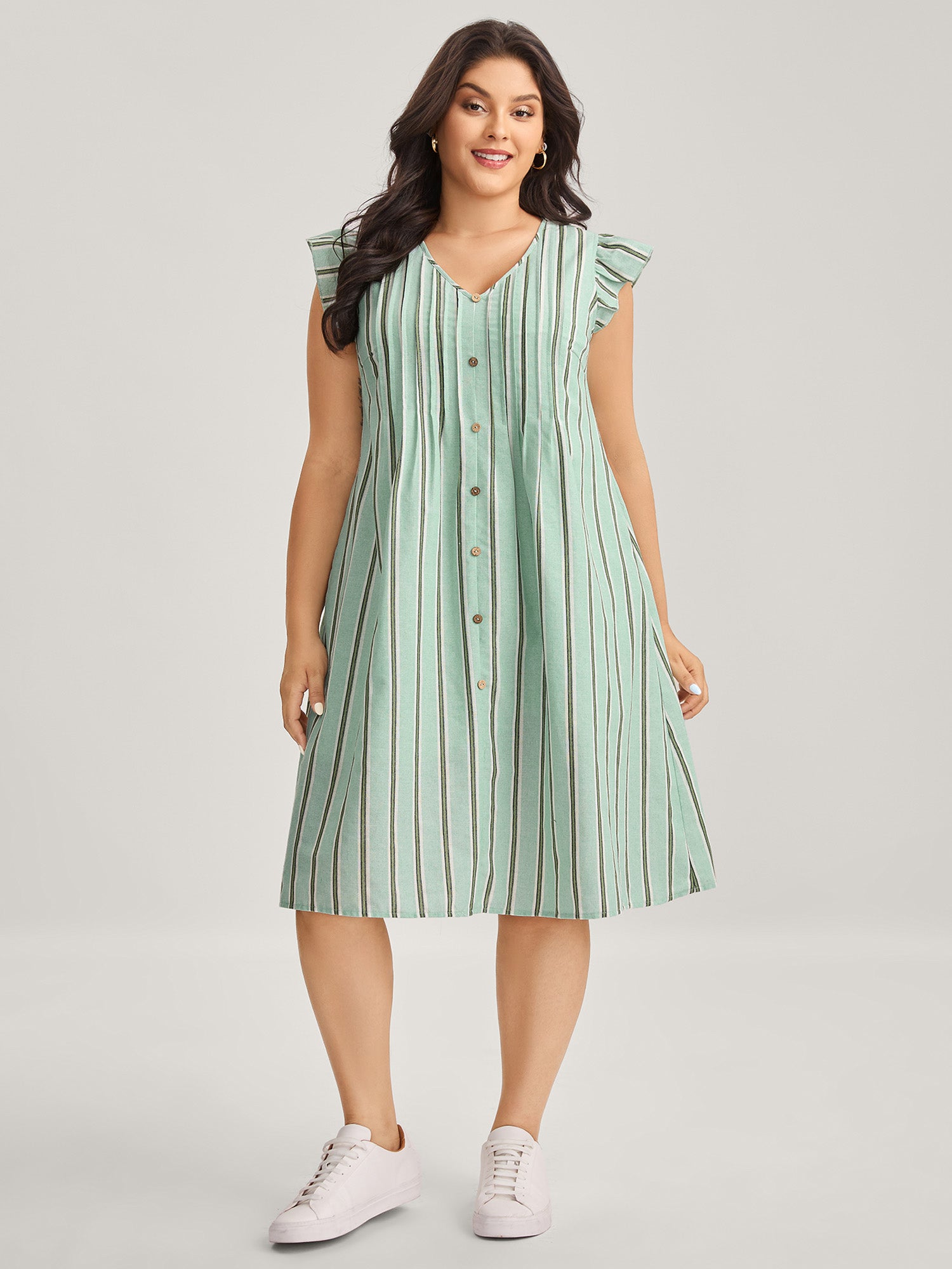 Pleated Front Stripes Pockets Midi Dress