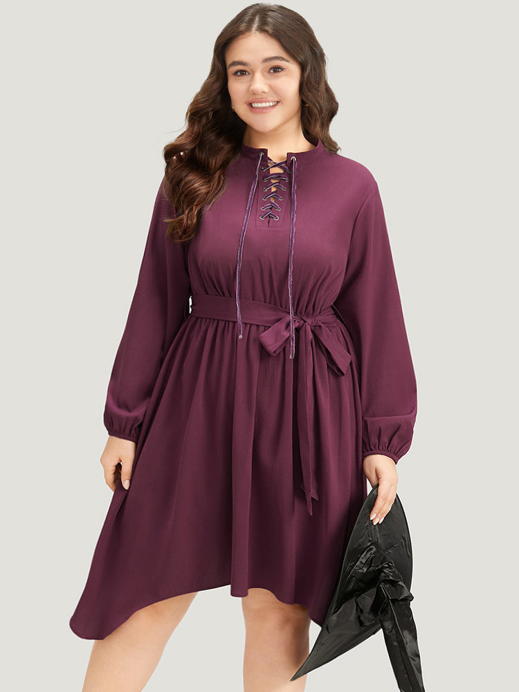 Halloween Plain Lantern Sleeve Belted Lace Up Asymmetrical Hem Dress