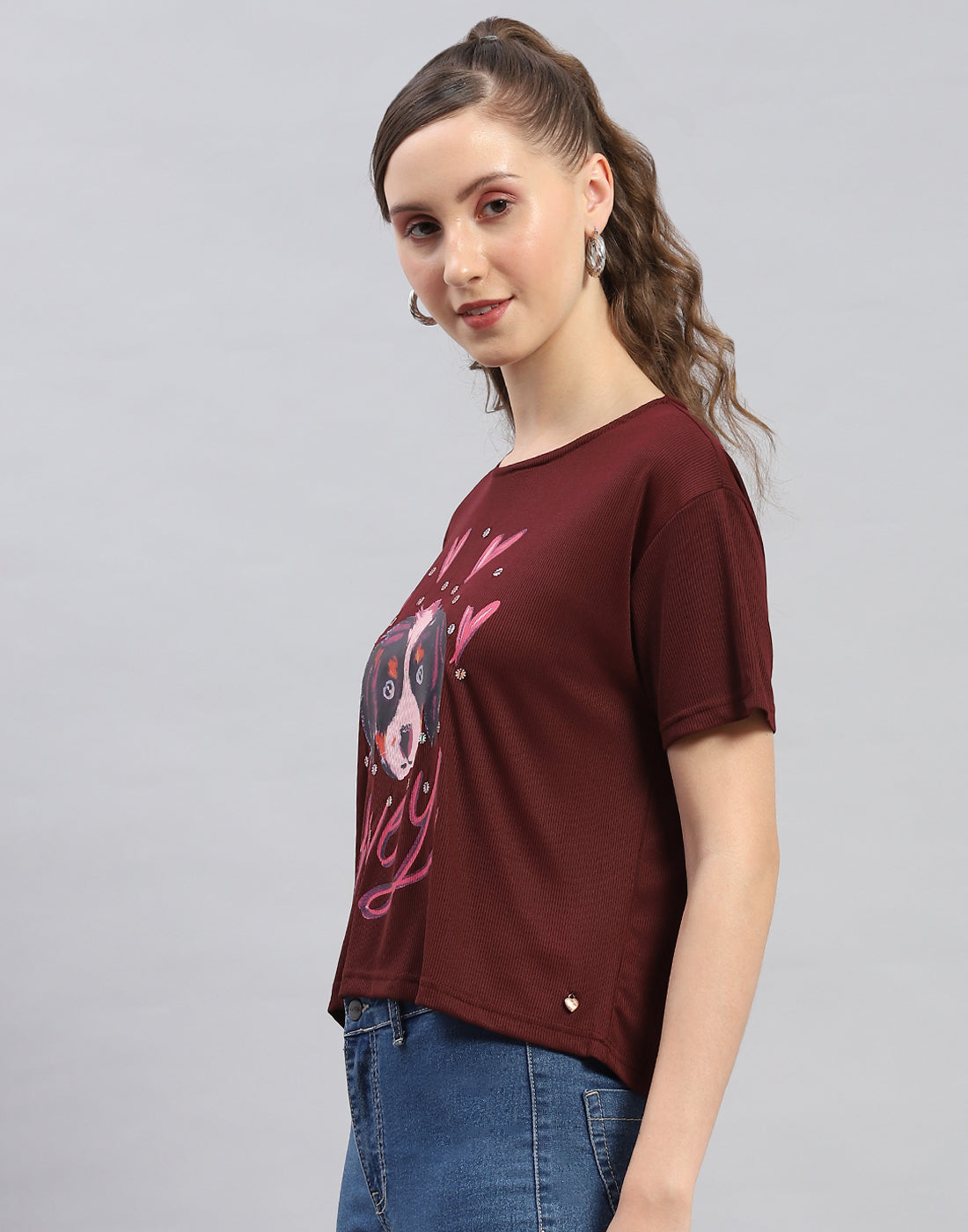 Women Maroon Printed Round Neck Half Sleeve Top