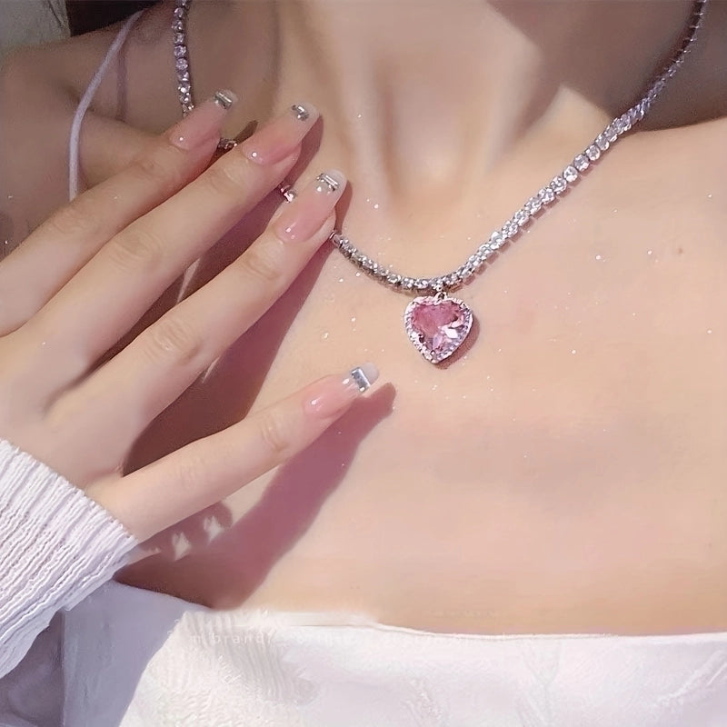 Y2K Shiny Heart Shape Copper Plating Inlay White Gold Plated Rhinestones Zircon