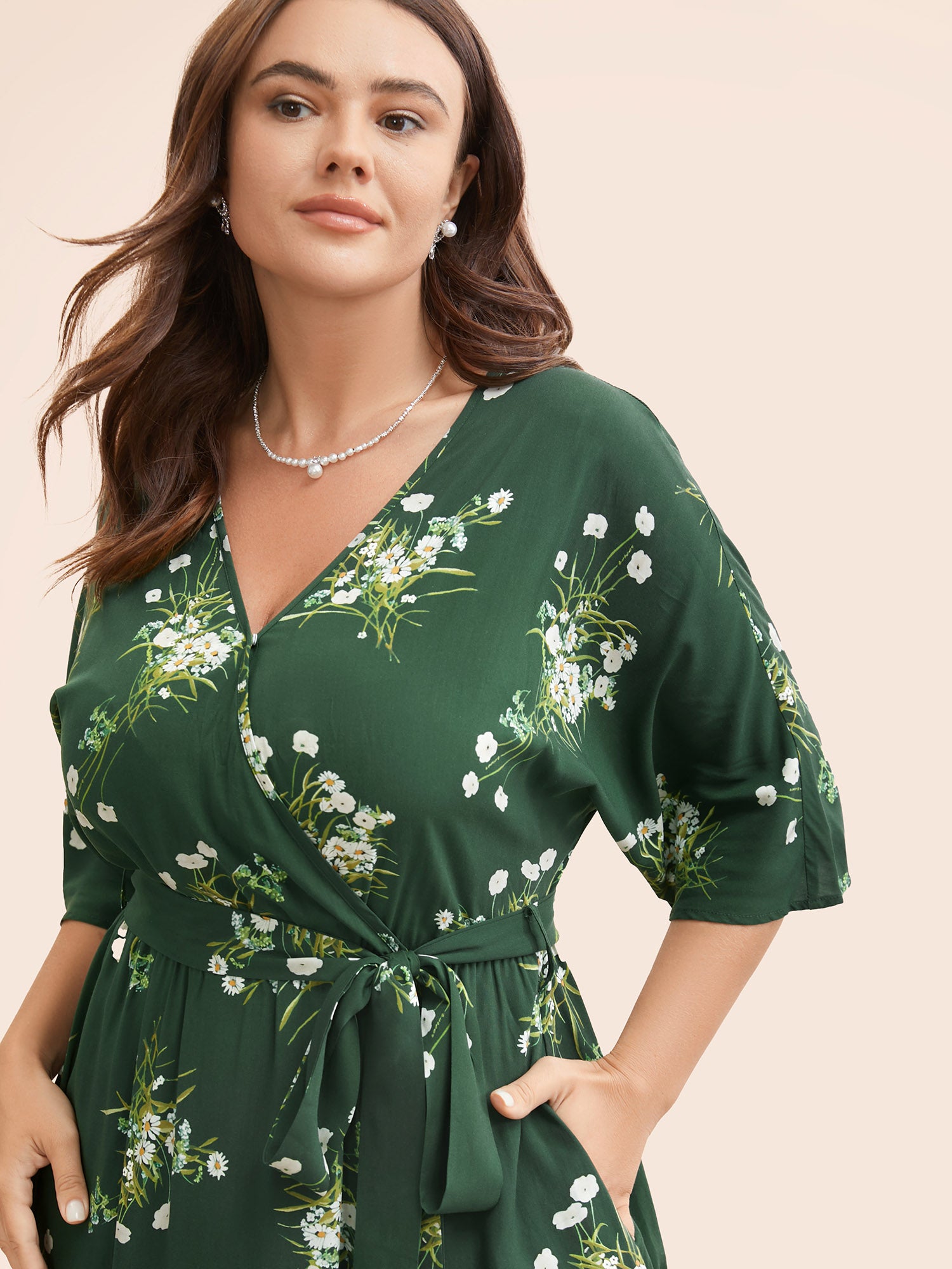 Floral Overlap Collar Split Hem Dress