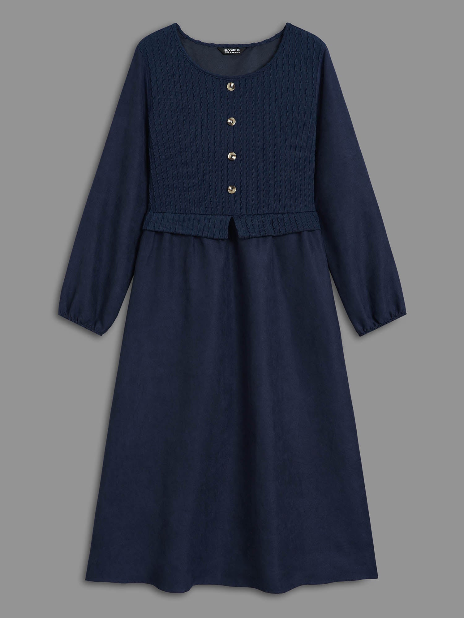 Textured Button Detail Lantern Sleeve Dress