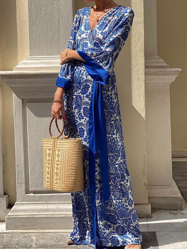 A-Line Flared Sleeves Pleated Printed Split-Joint Tied Waist V-Neck Maxi Dresses
