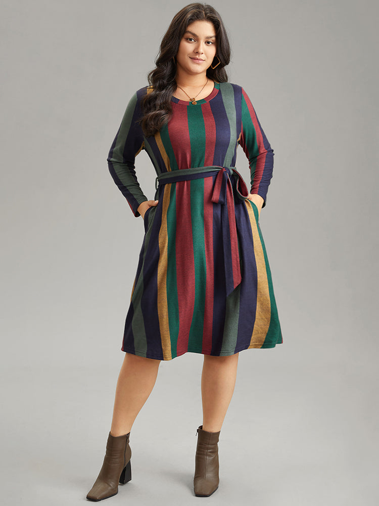 Colored Striped Pocket Belted Long Sleeve Dress