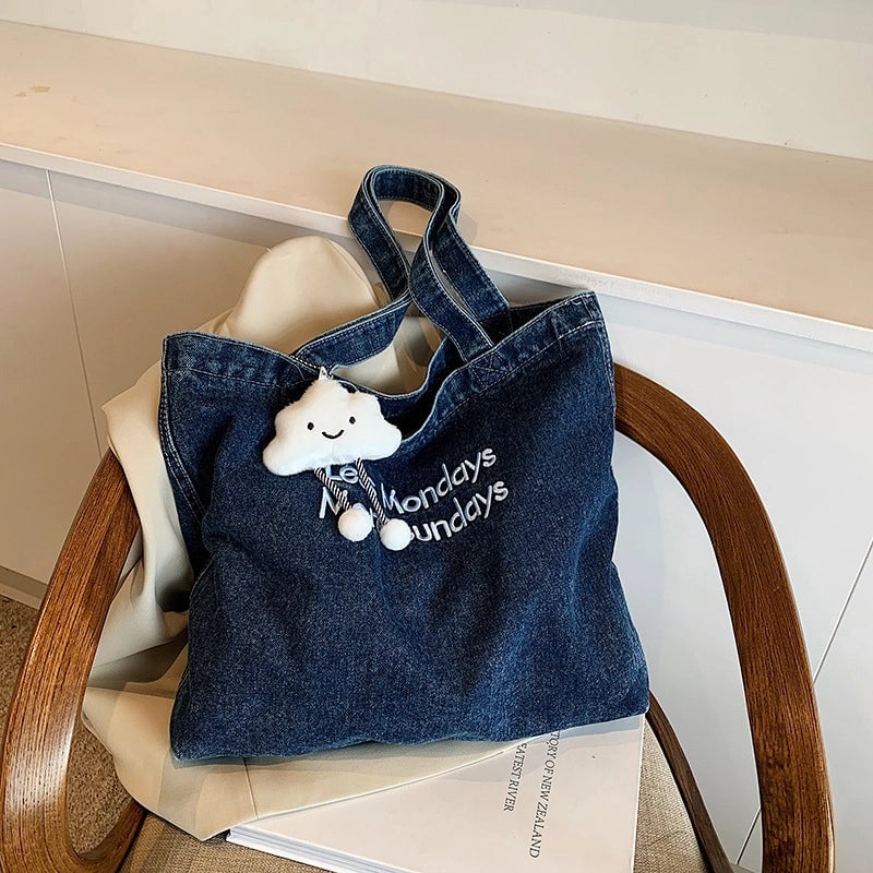Women's Denim Letter Vintage Style Sewing Thread Square Magnetic Buckle Tote Bag