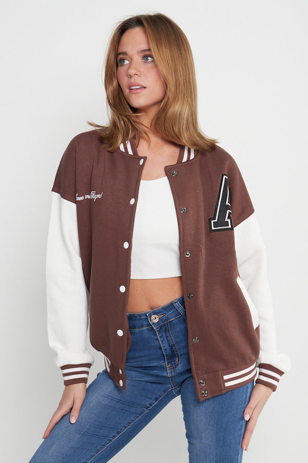 CHOCOLATE CONTRAST SLEEVE LETTER A UNISEX VARSITY JACKET