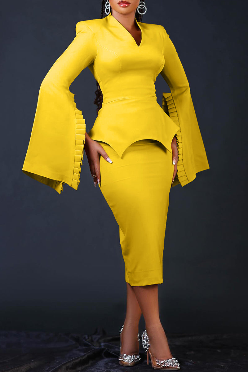 Casual Solid Patchwork V Neck Pencil Skirt Dresses