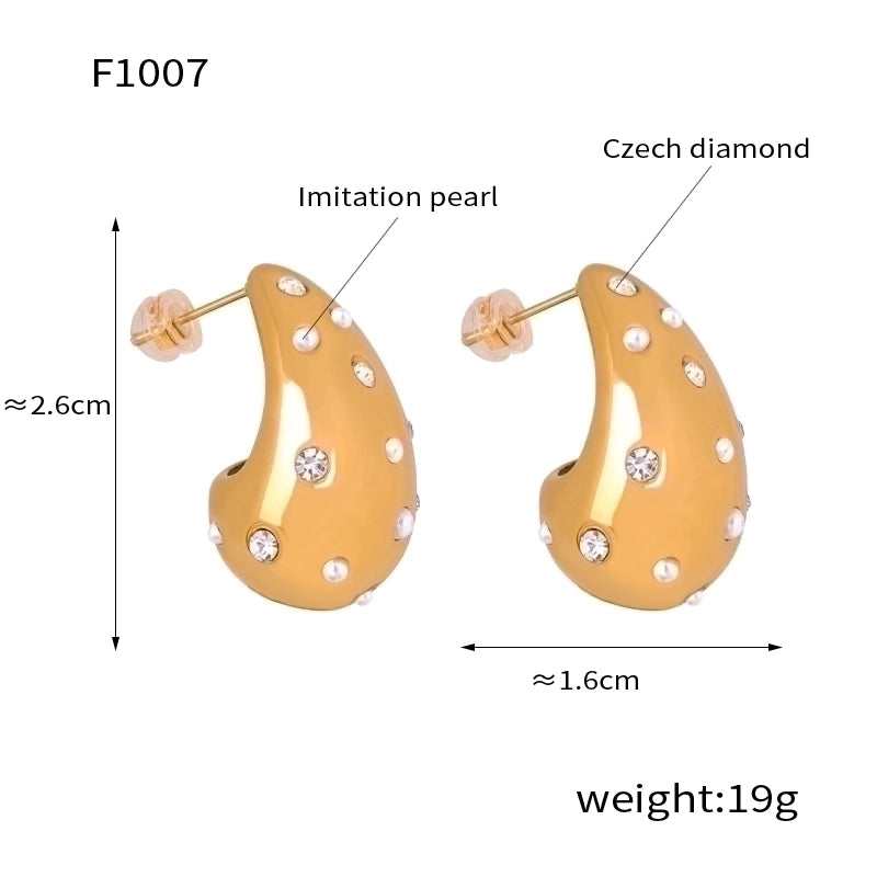 1 Pair Minimalist Water Droplets Plating Inlay Titanium Steel Artificial Pearls Artificial Diamond 18K Gold Plated Ear Studs