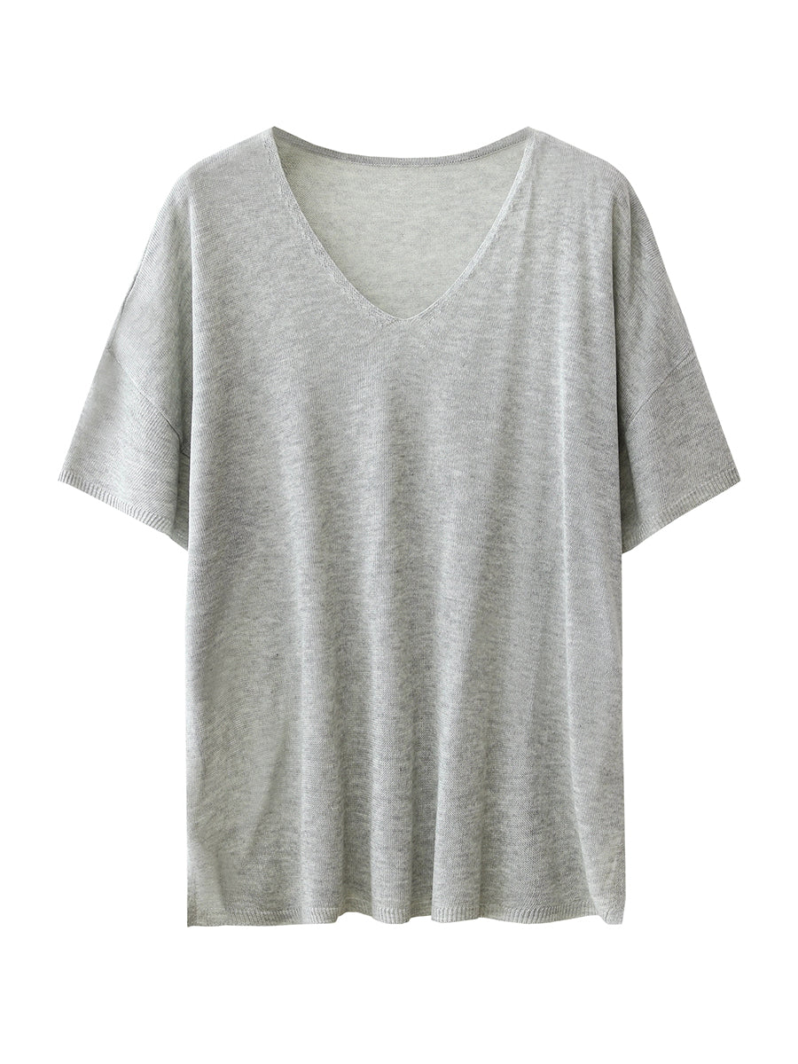 Women Summer Casual Pure Color Knitted V-Neck Shirt
