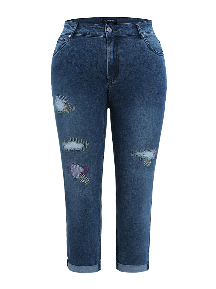 Ripped Embroidered Roll Hem Very Stretchy Jeans