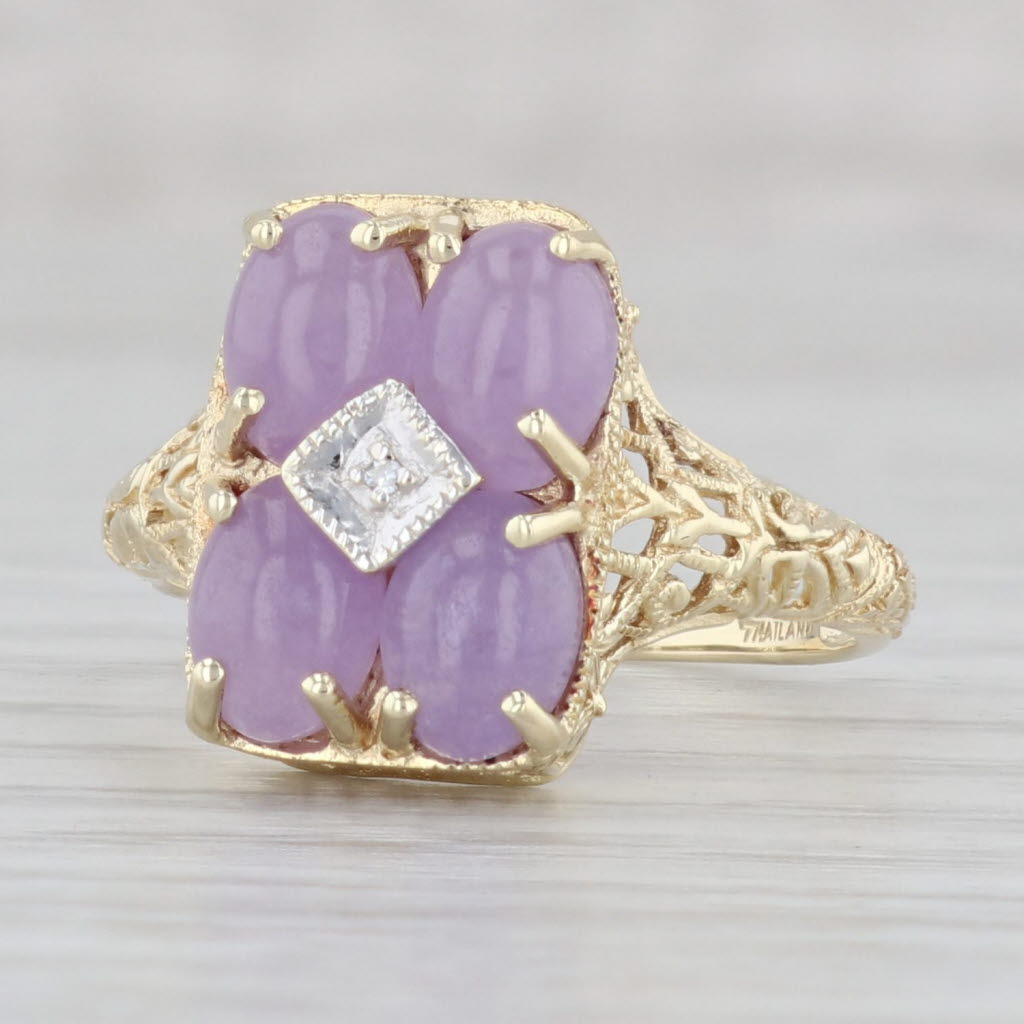 Lavender Jadeite Jade Diamond Filigree Ring 14k Yellow Gold Size 8