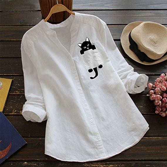 🔥V-neck Cotton And Cat Print Long Sleeve Blouse
