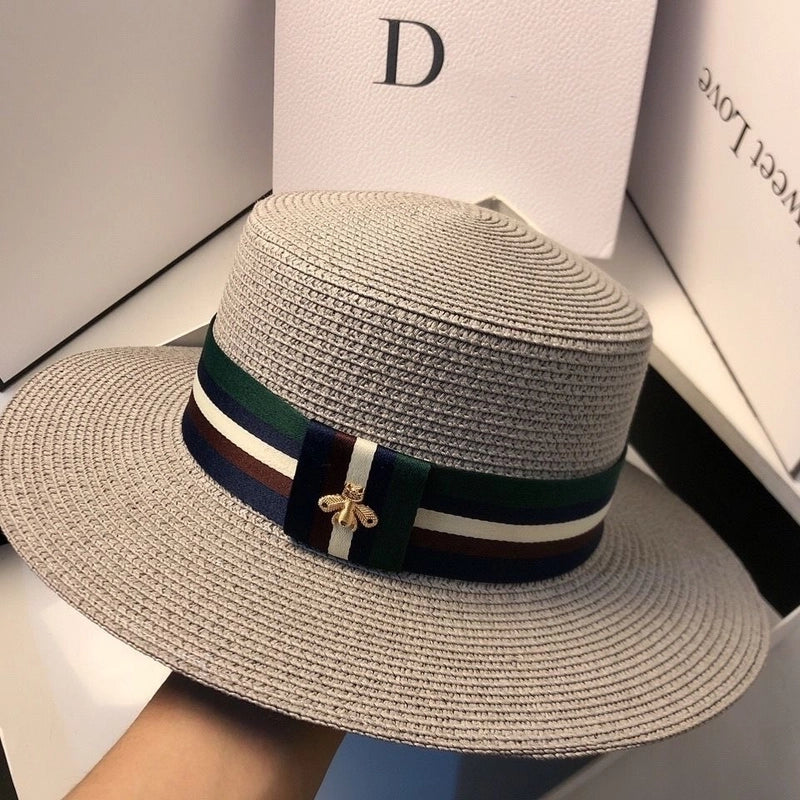 Hat Multi-color Striped Bee Flat Top Top Hat Summer Fashion Korean-style Travel Sunshade Straw Hat Women