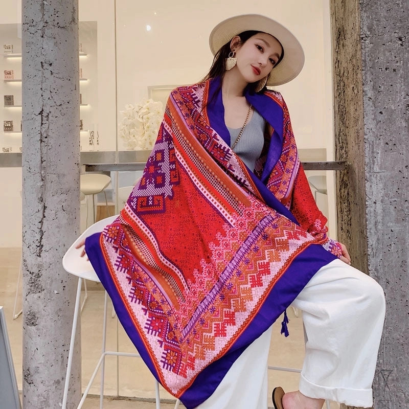 Ethnic Style Shawl Scarf Dual-use Sun Protection By The Sea Beach Scarf Red Large Gauze Scarf Female Desert Travel Photography Summer