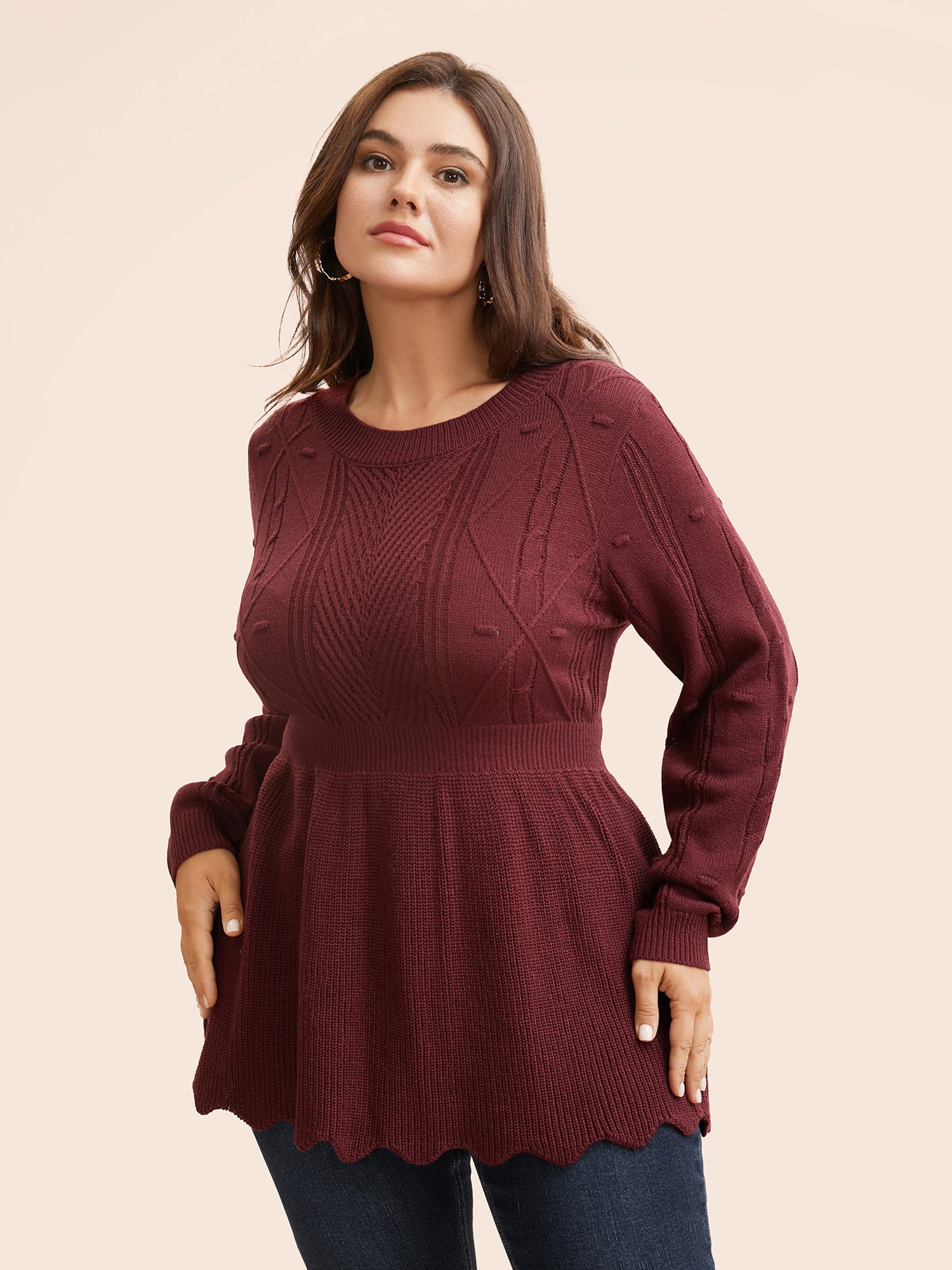 Plain Textured Scalloped Trim Pullover