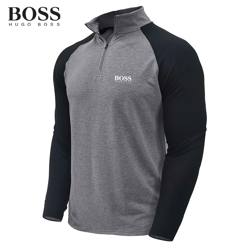 BOSS Men-s Long Sleeved Zipper High Neck Sweatshirt Stand Collar Coat