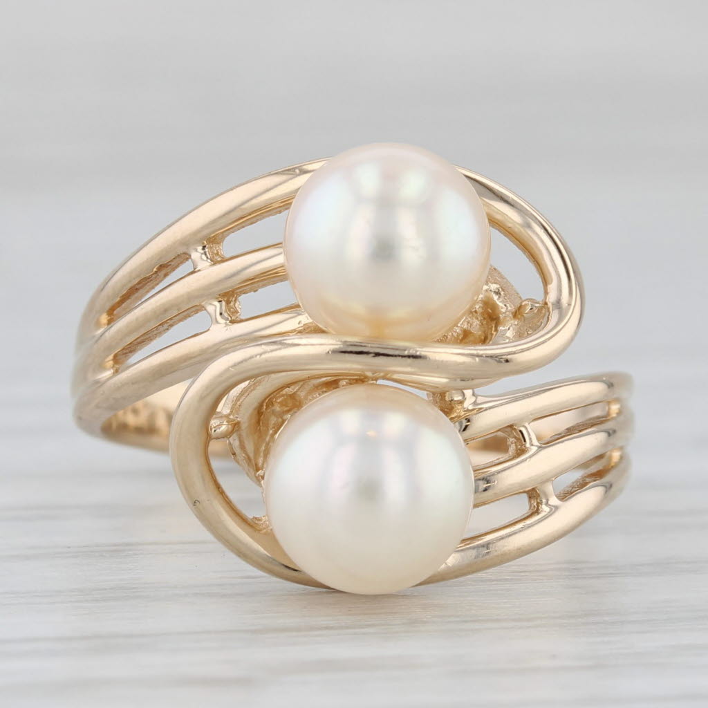 Cultured Pearl Bypass Ring 14k Yellow Gold Size 7