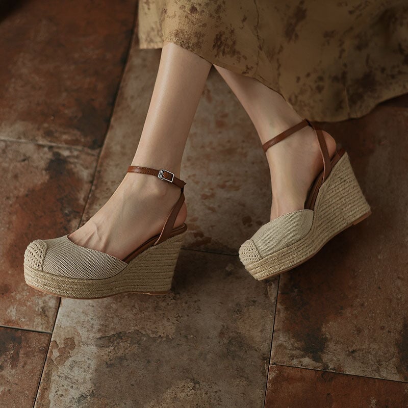 100mm Slingback Espadrille-Wedge Leather Sandals Ankle Strap in Apricot/Blue