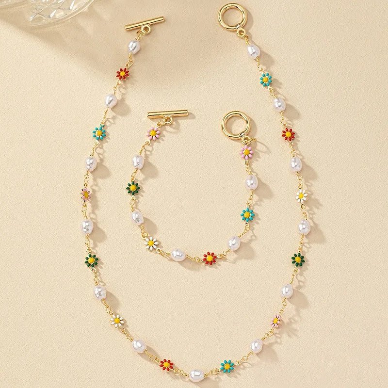 Dainty Spring Floral Pearls Bracelet and Necklace Set