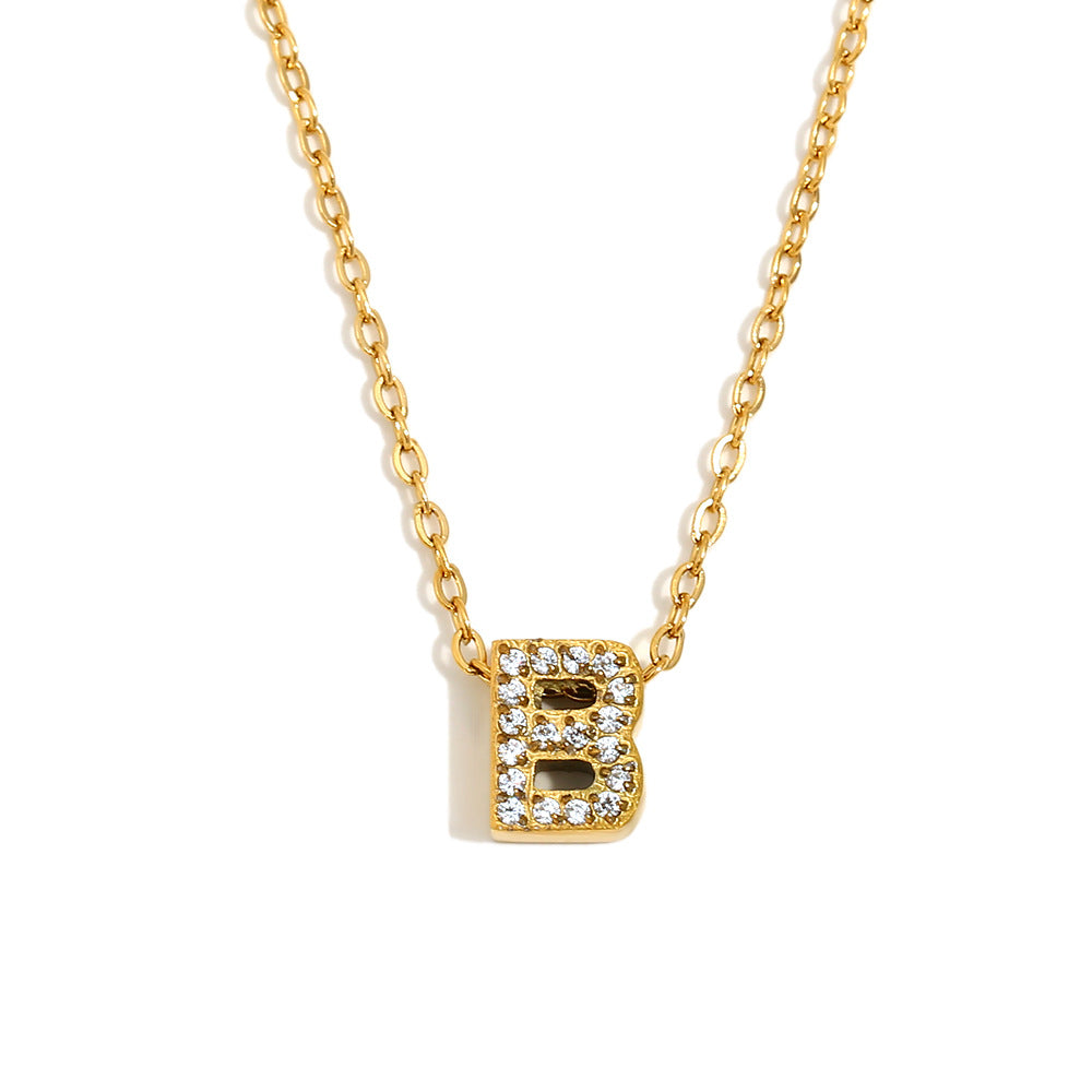 Fashionable And Simple 26 English Letter Pendant Stainless Steel Plated 18K Gold Diamond Small Letter Necklace For Women