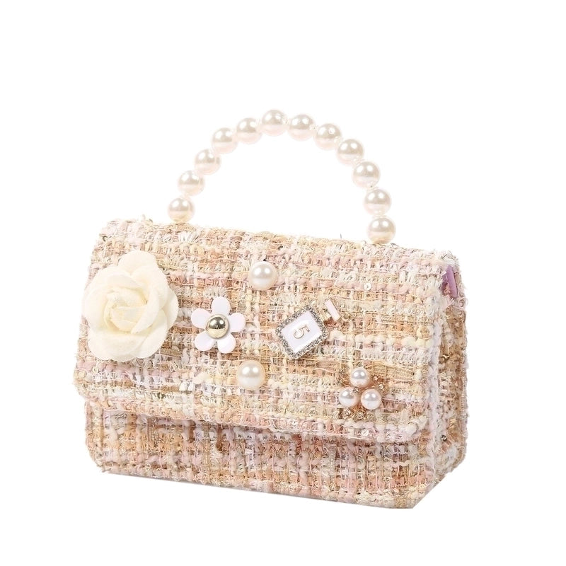 Girl's Plush Flower Streetwear Pearls Square Flip Cover Handbag