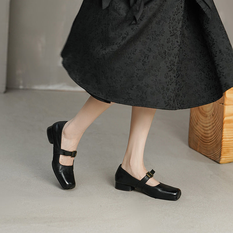 Elegant Square-Toe Horse Leather Mary Jane Shoes with Block Low Heel Buckle Apricot/Black/Brown