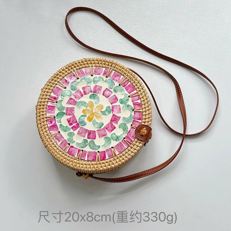 Women's Medium Rattan Floral Elegant Magnetic Buckle Dome Bag