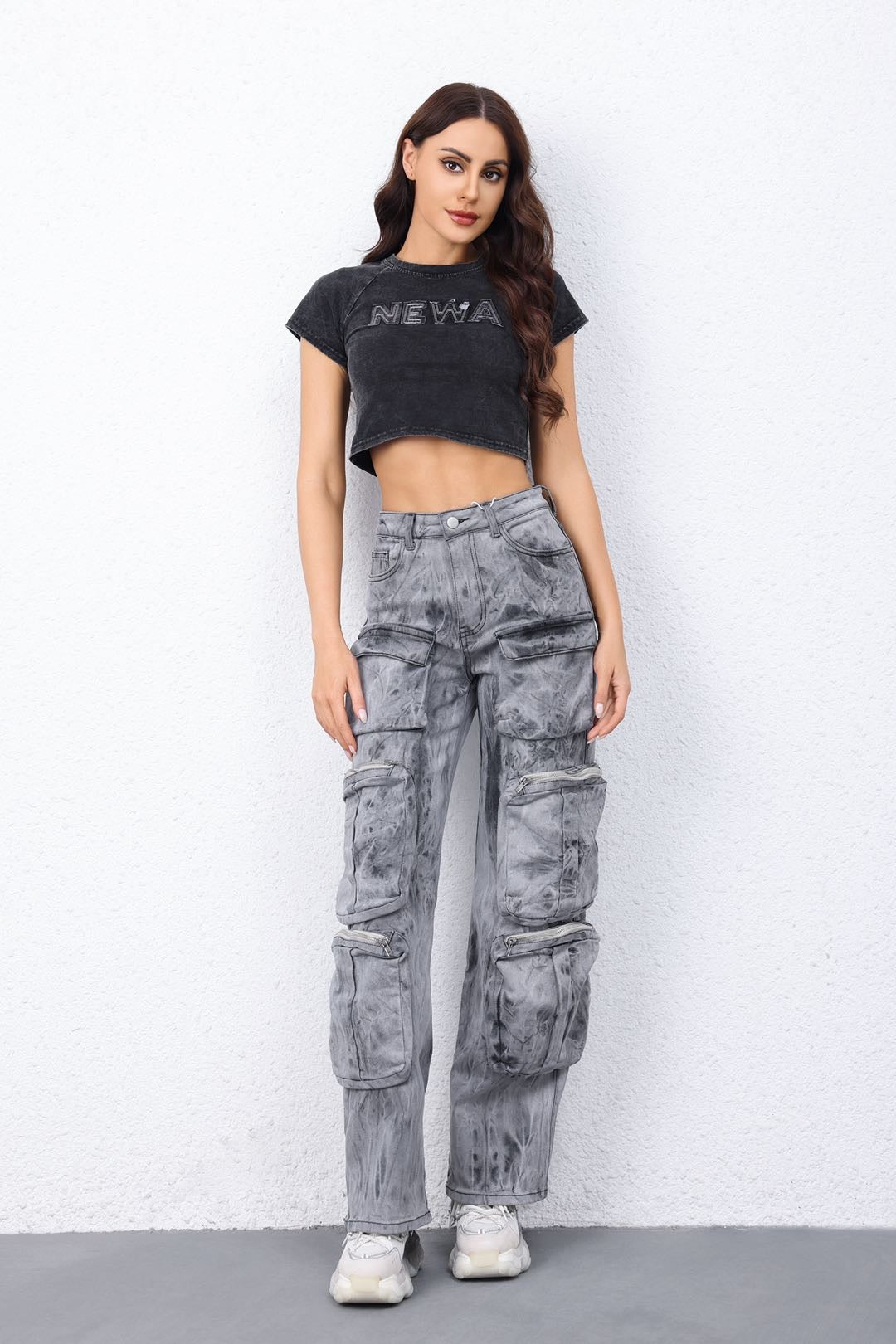 DARLENE Stretch Camouflage Cargo Pants - Washed Grey