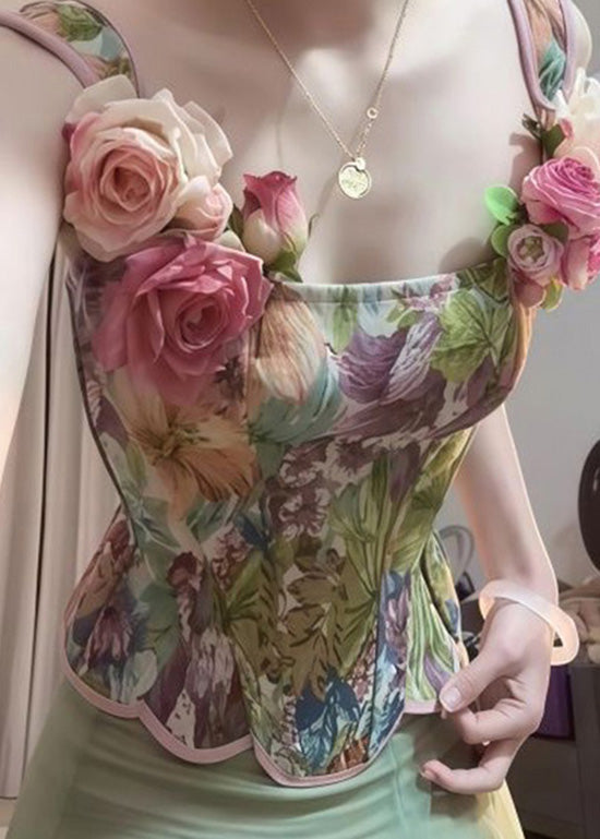 Fashion Green Floral Tops And Skirts Tulle Two Pieces Set Summer