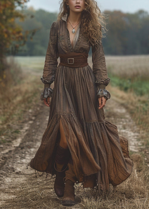 Elegant Dark Coffee Wrinkled Patchwork Cotton Long Dress Fall