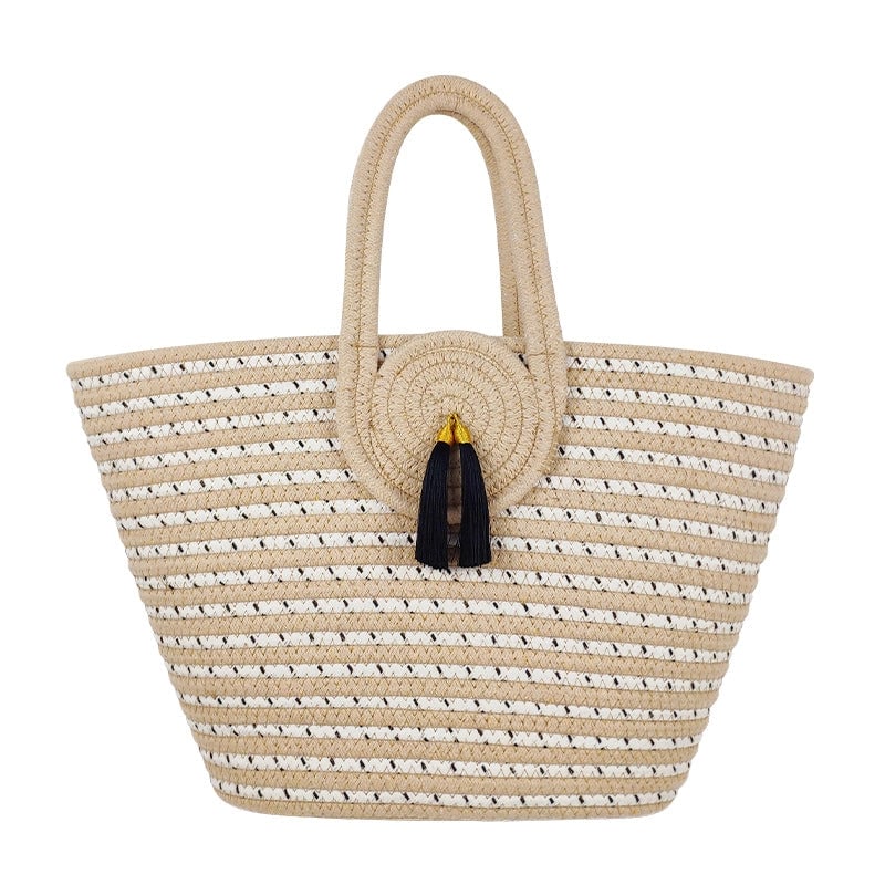 Women's Large Cotton Stripe Vacation Classic Style Weave Bucket Open Beach Bag