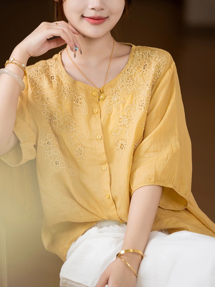 Women Summer Artsy Embroidery O-Neck 100%Ramie Shirt