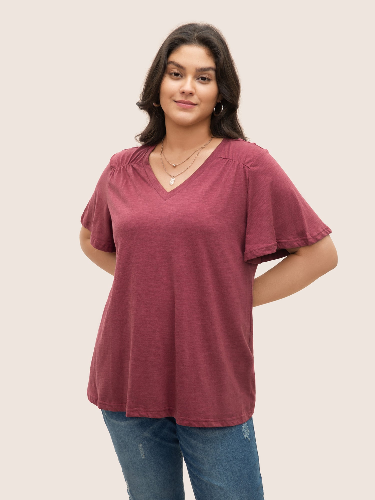 Plain Ruffle Sleeve Heather V Neck T-shirt