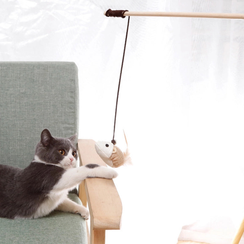 Cat Toys Linen Mouse Wooden Pole Cat Teaser Handheld Interactive Cat Teaser Toy Cat Supplies