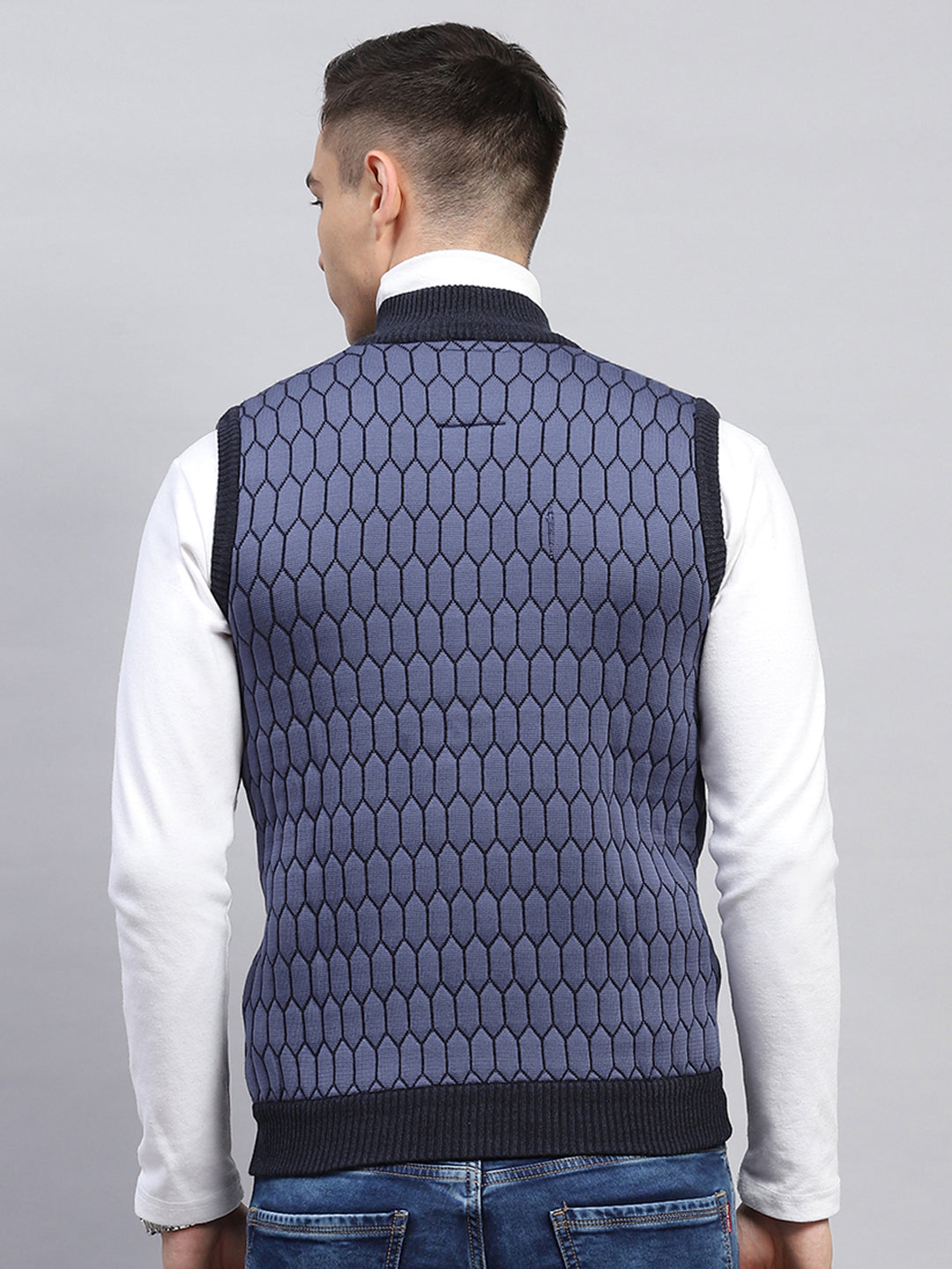 Men Navy Blue Self Design Mock Neck Sleeveless Jacket